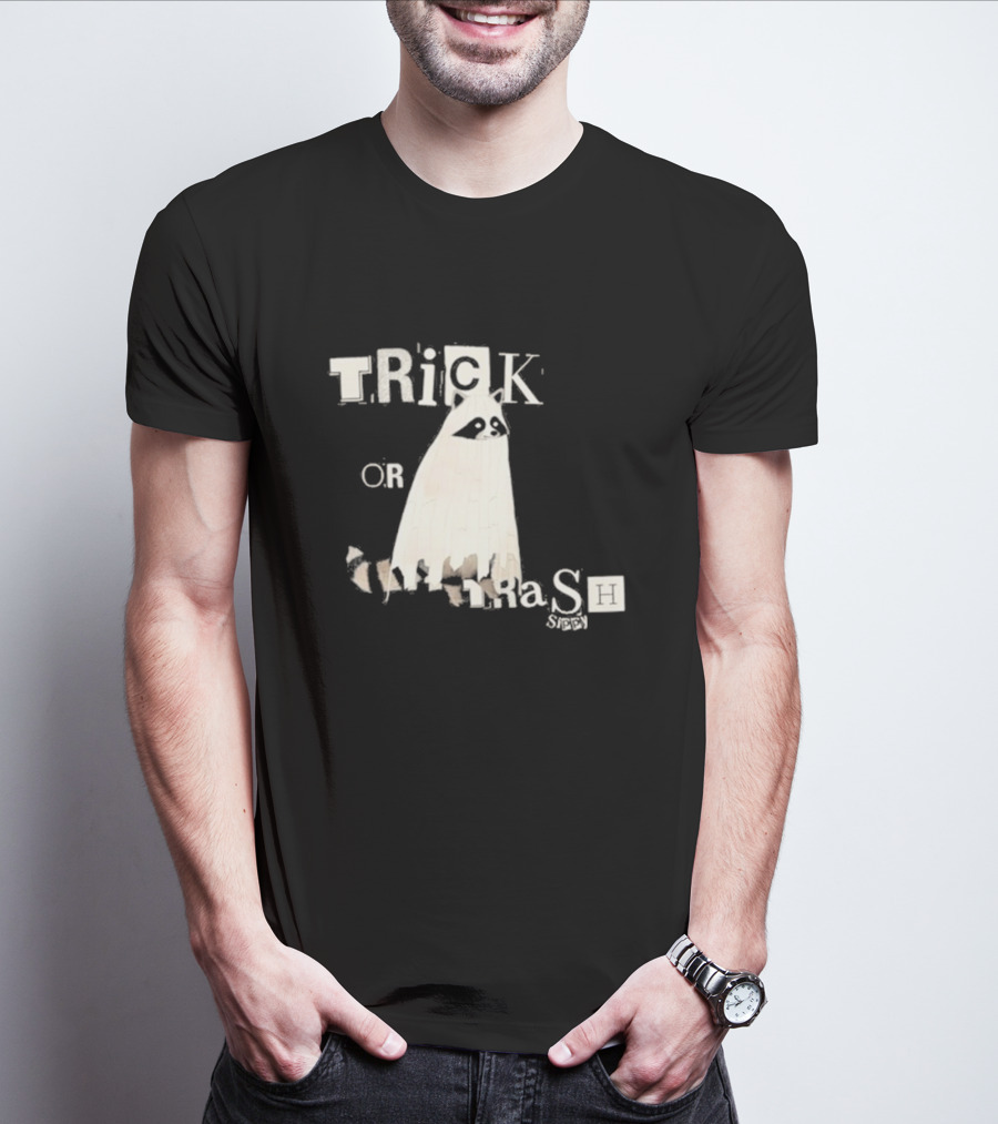 TRICK OR TRASH SIPPY Black Raccoon Ghost Costume T-Shirt