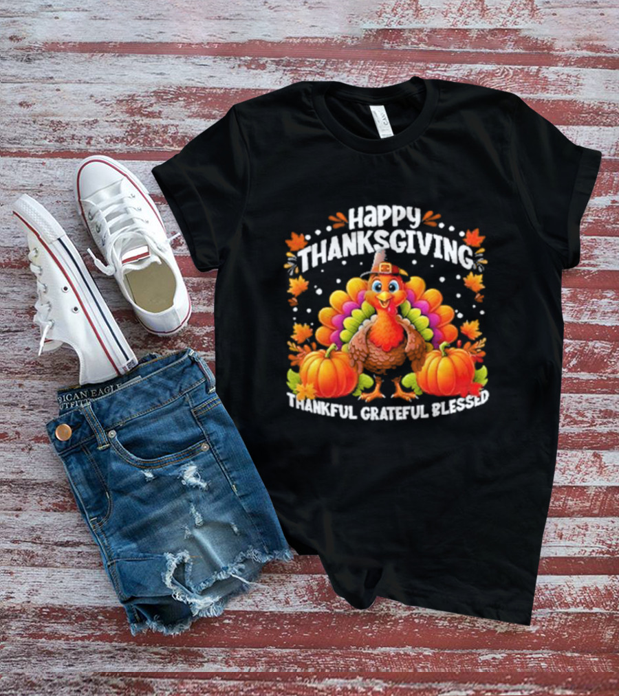 Happy Thanksgiving Turkey Thankful Grateful Blessed With Pumpkins And Autumn Leaves T-Shirt