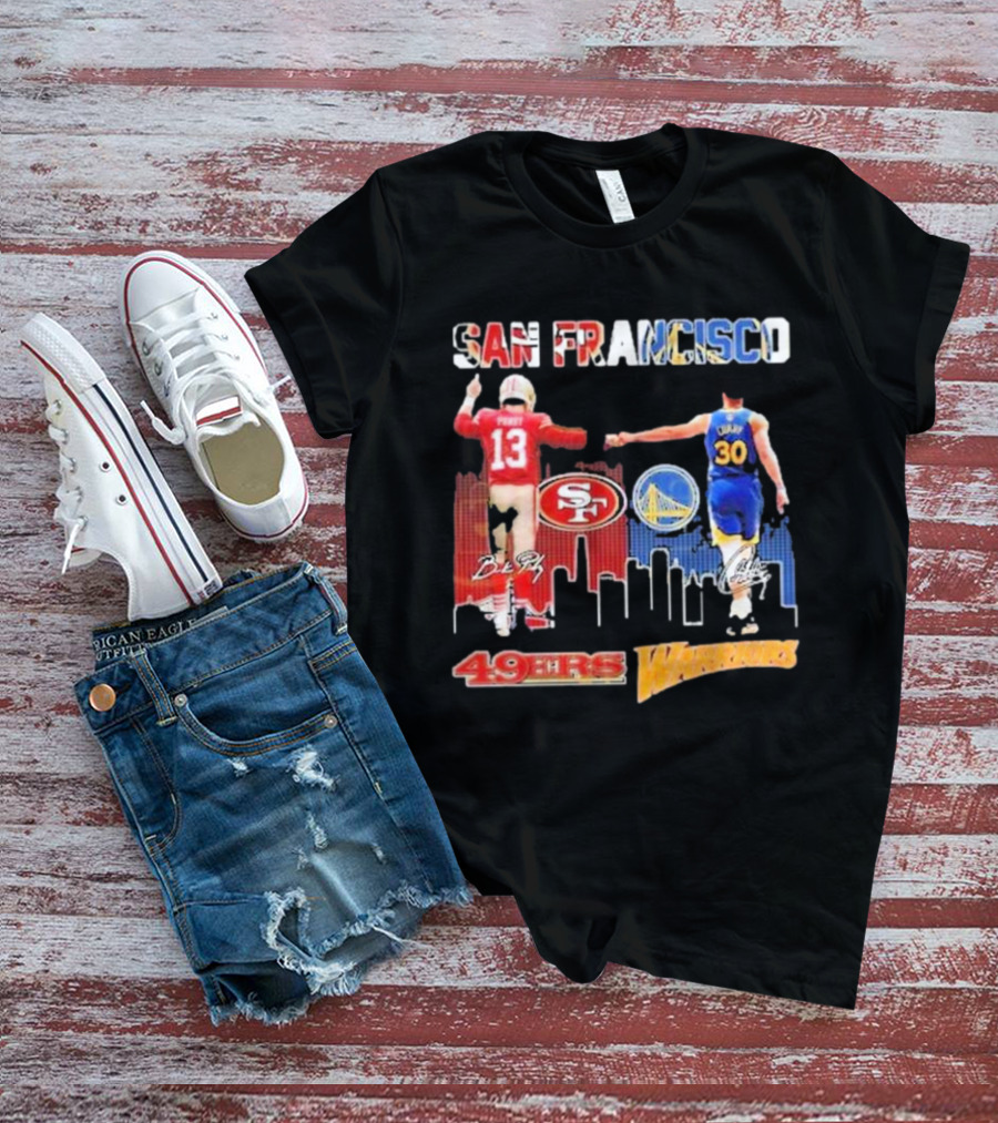 San Francisco 49ers Golden State Warriors Signatures With San Francisco Skyline T-Shirt