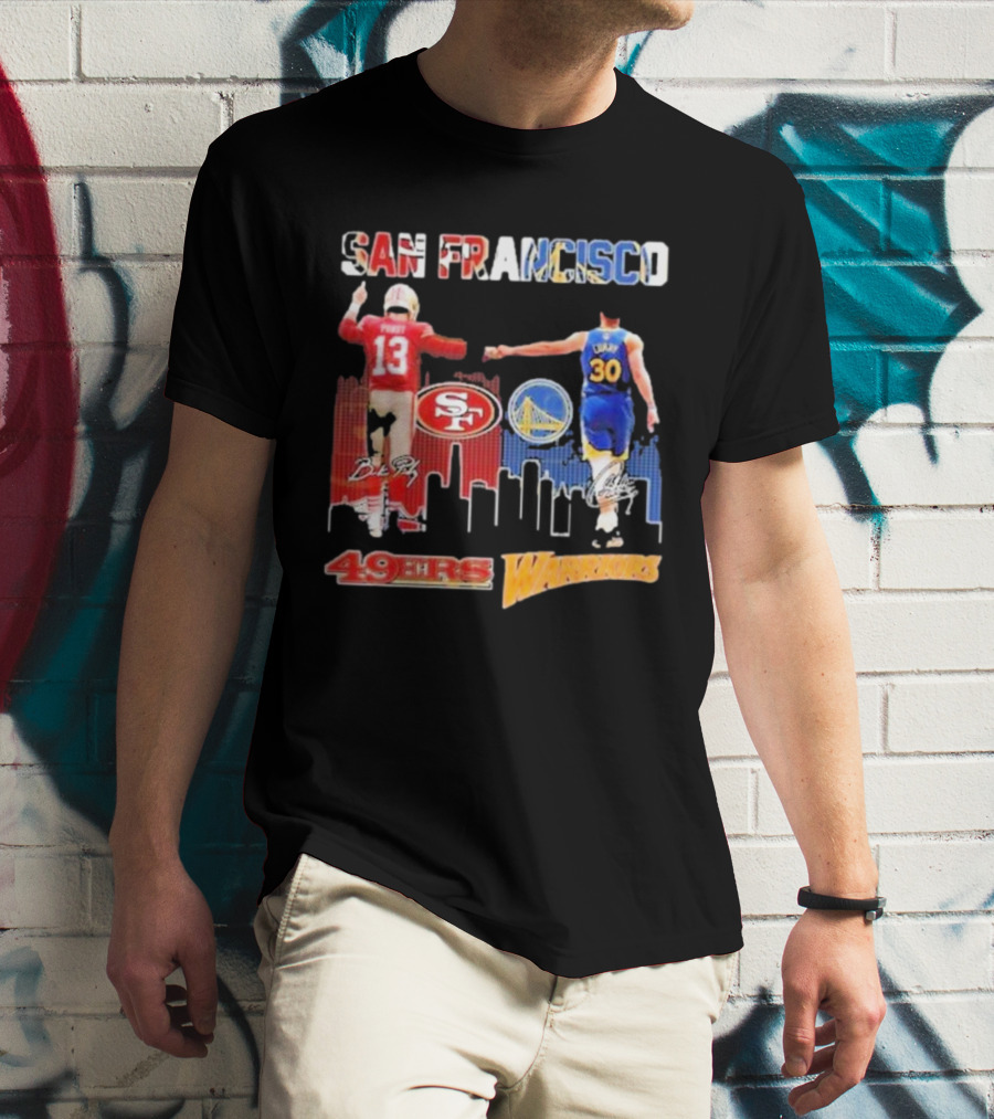 San Francisco 49ers Golden State Warriors Signatures With San Francisco Skyline T-Shirt