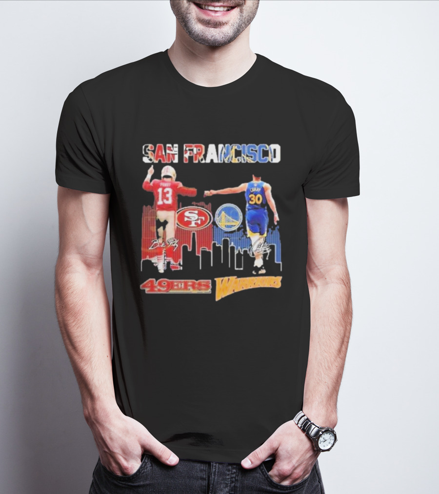 San Francisco 49ers Golden State Warriors Signatures With San Francisco Skyline T-Shirt