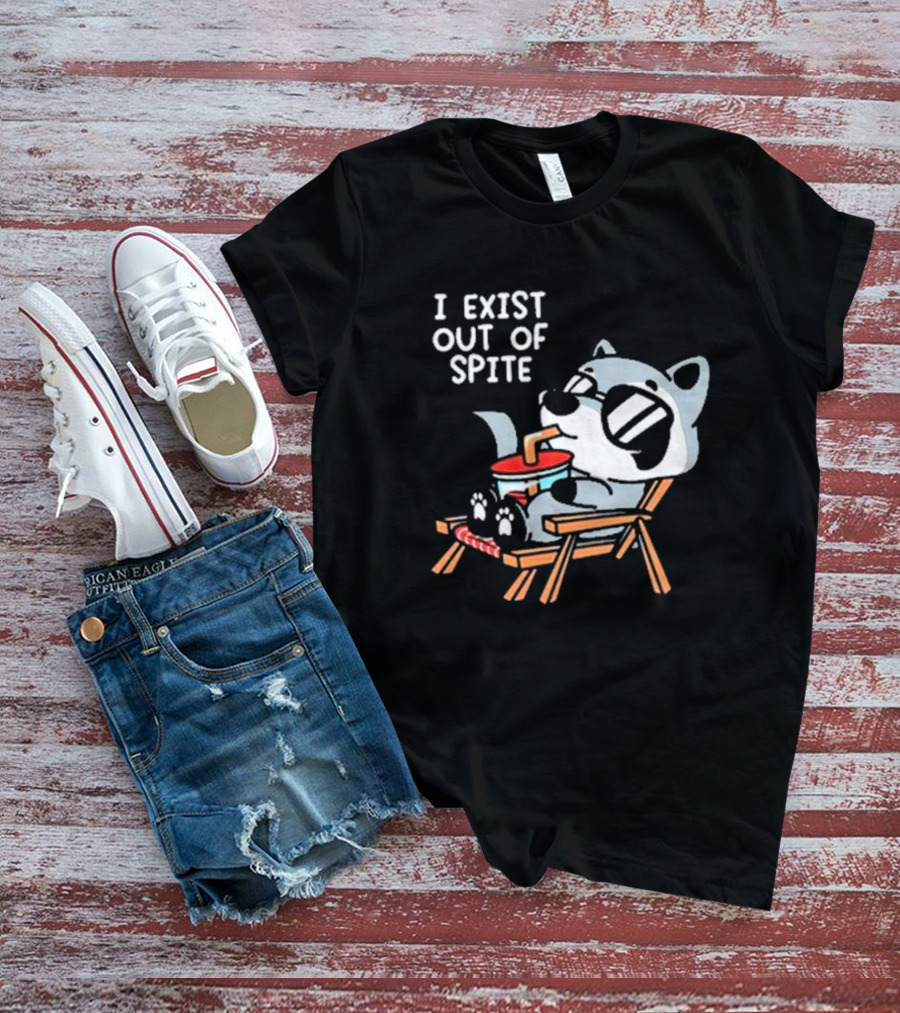 Mandatoryfunday I Exist Out Of Spite Raccoon Relaxing In Chair With Sunglasses And Drink T-Shirt