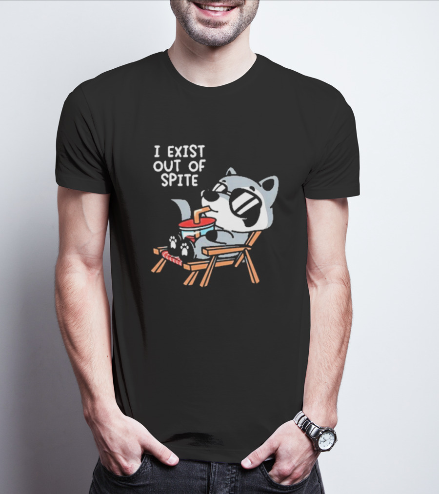 Mandatoryfunday I Exist Out Of Spite Raccoon Relaxing In Chair With Sunglasses And Drink T-Shirt