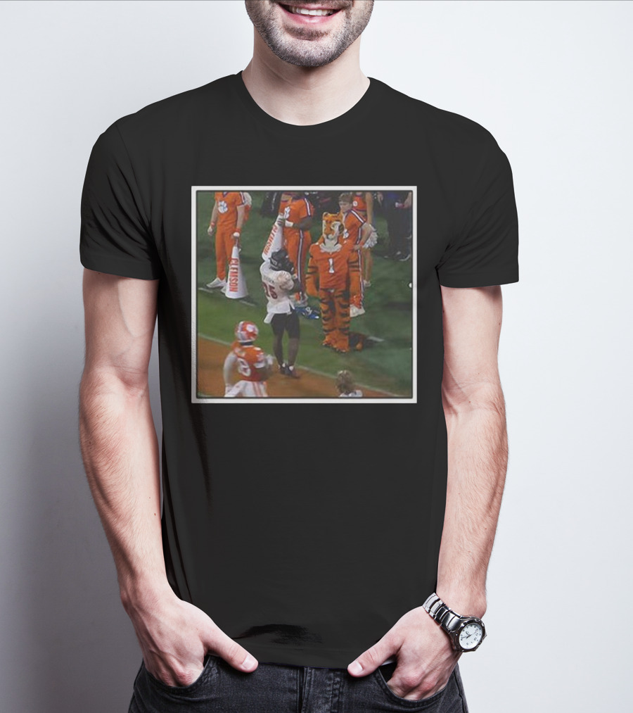 Clemson Tigers Mascot And Louisville Cardinals Player On Sideline T-Shirt