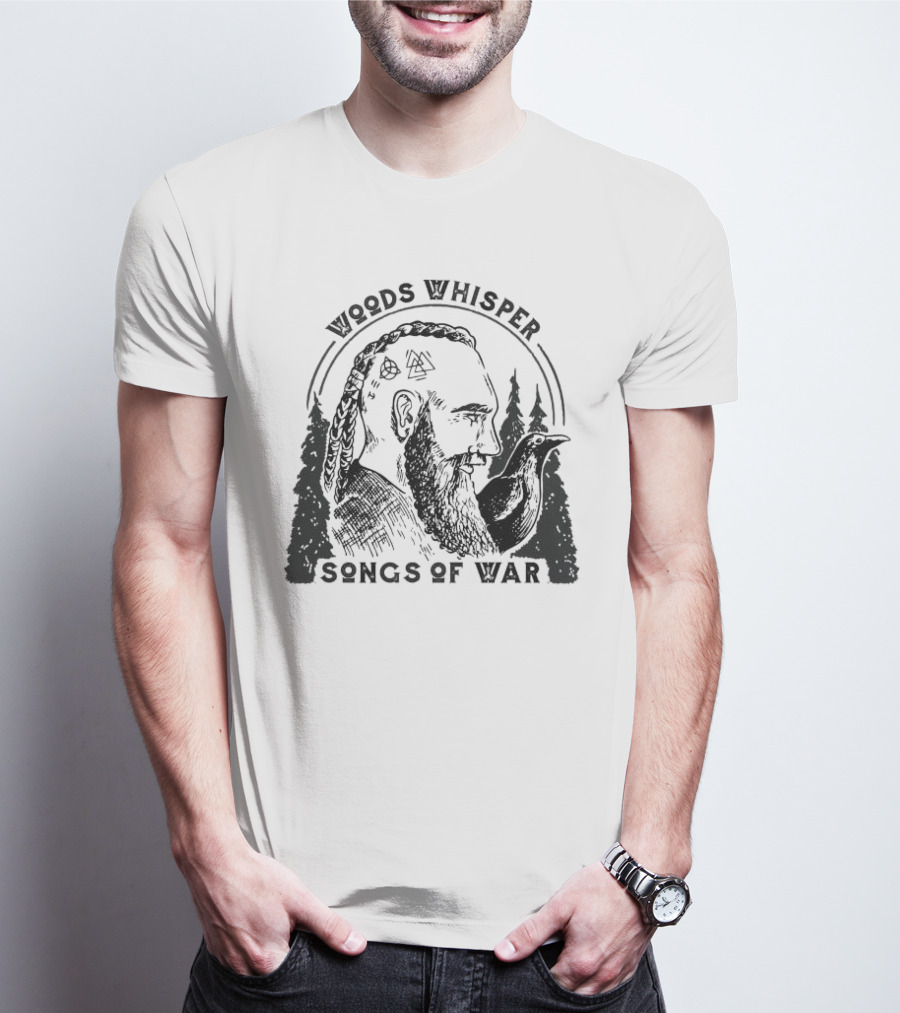 Woods Whisper Songs Of War Viking With Raven And Forest Symbols T-Shirt