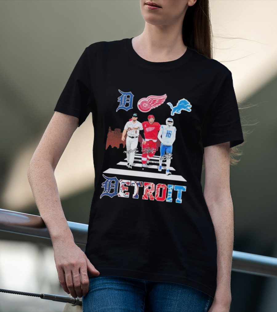 Detroit Lions Tigers Red Wings Legends Crossing Detroit T-Shirt