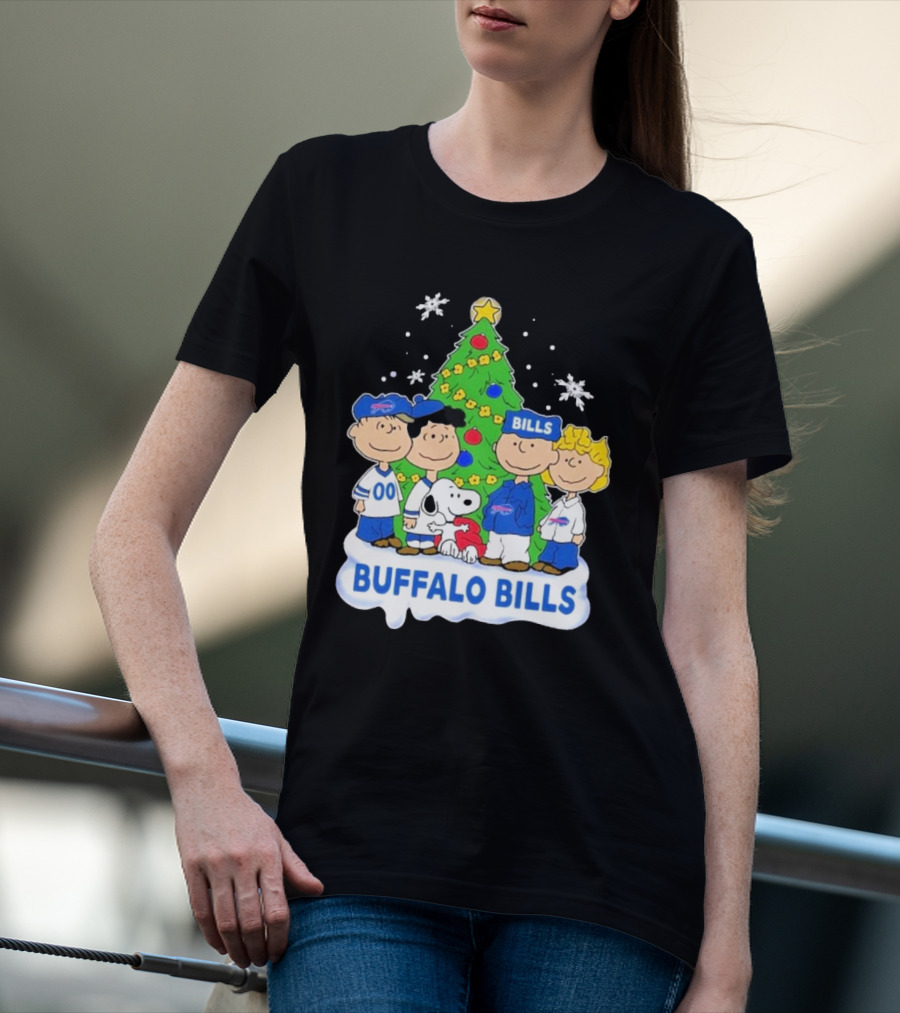 Buffalo Bills Snoopy Christmas Tree Peanuts Characters Holiday Scene T-Shirt