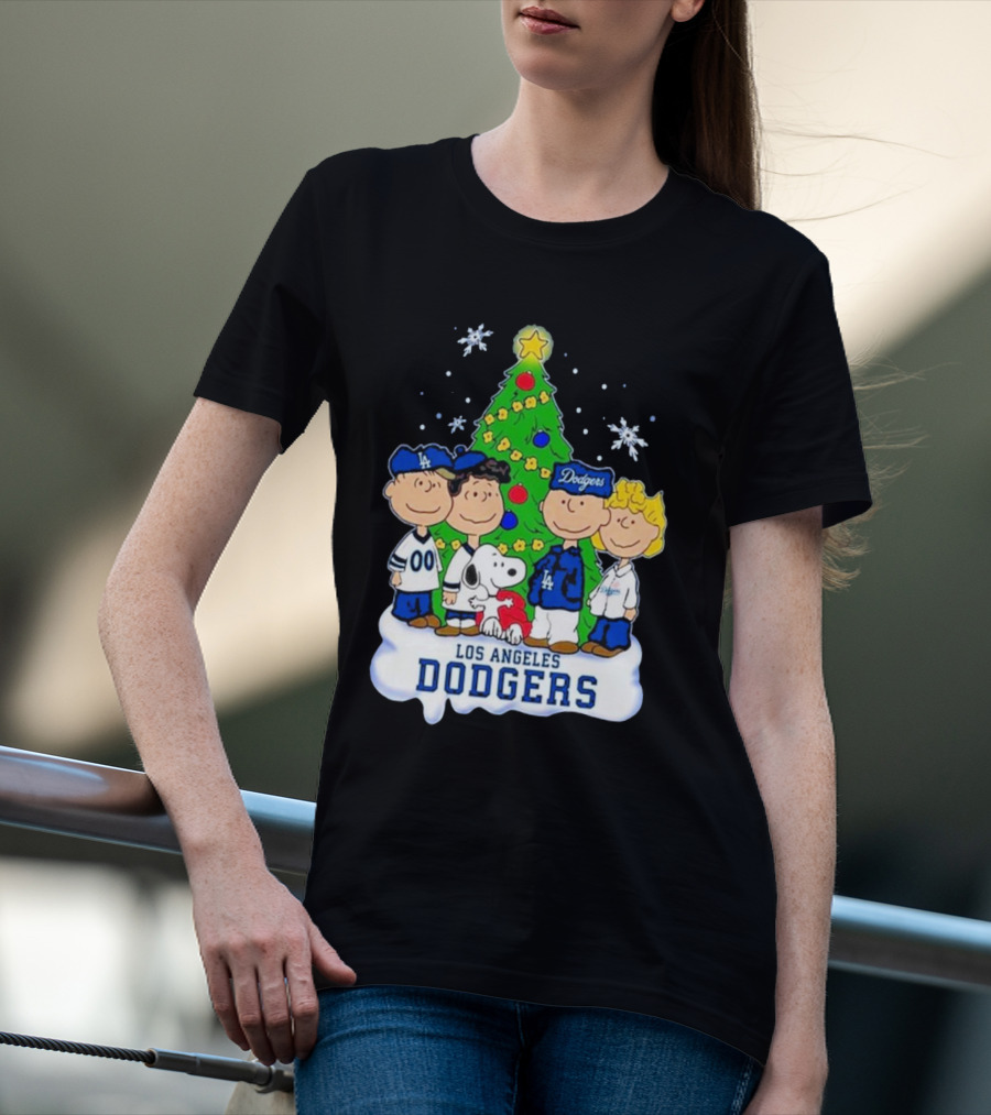 Christmas With Snoopy Los Angeles Dodgers Peanuts Characters And Tree T-Shirt