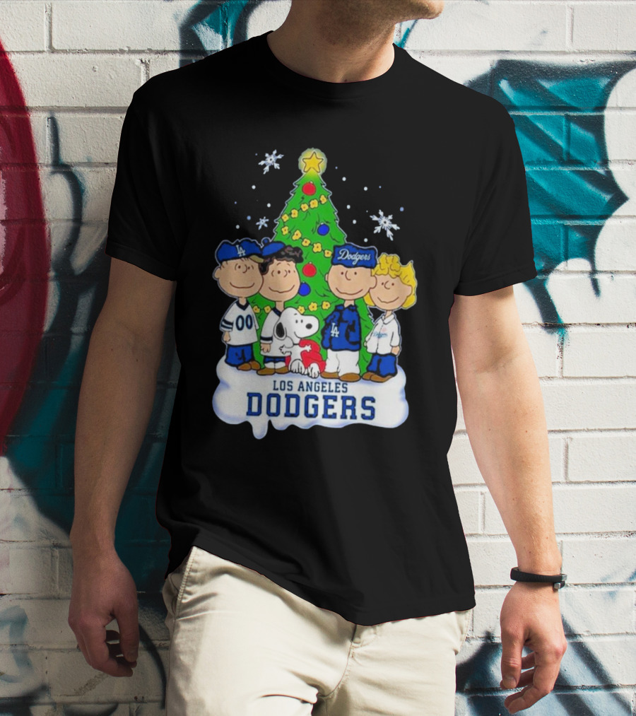 Christmas With Snoopy Los Angeles Dodgers Peanuts Characters And Tree T-Shirt
