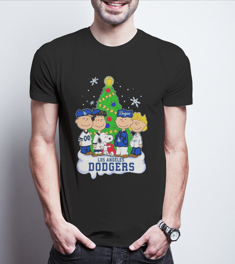 Christmas With Snoopy Los Angeles Dodgers Peanuts Characters And Tree T-Shirt
