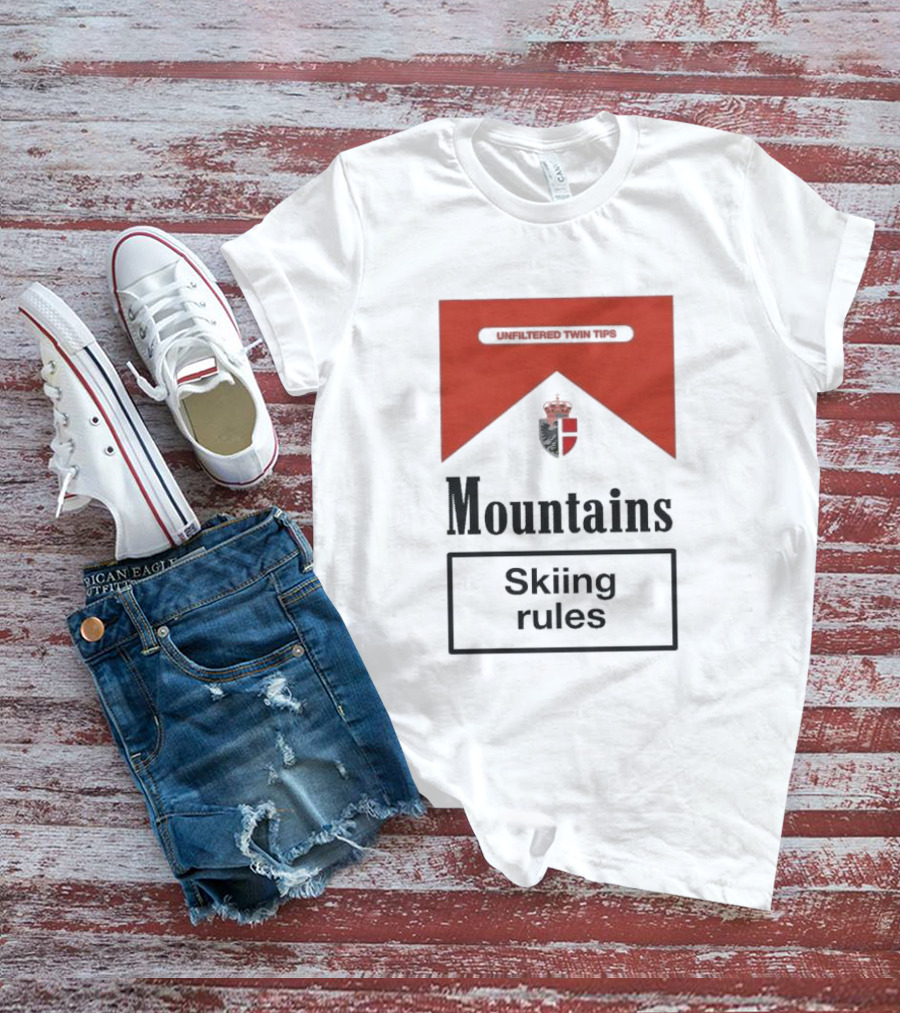 Unfiltered Twin Tips Mountains Skiing Rules Crest T-Shirt