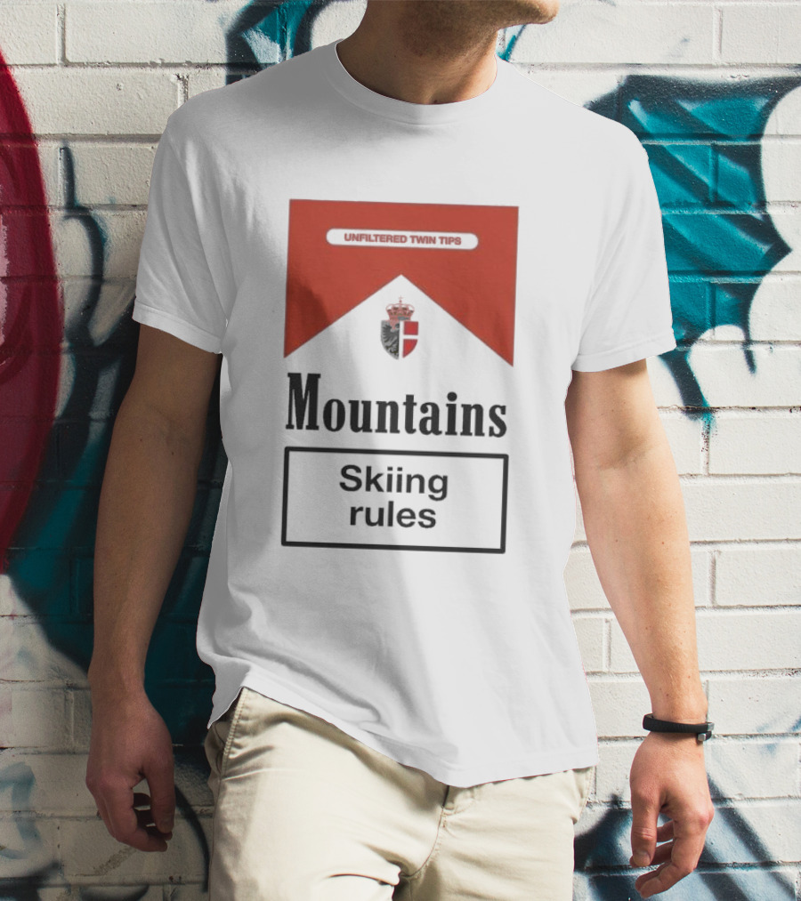 Unfiltered Twin Tips Mountains Skiing Rules Crest T-Shirt