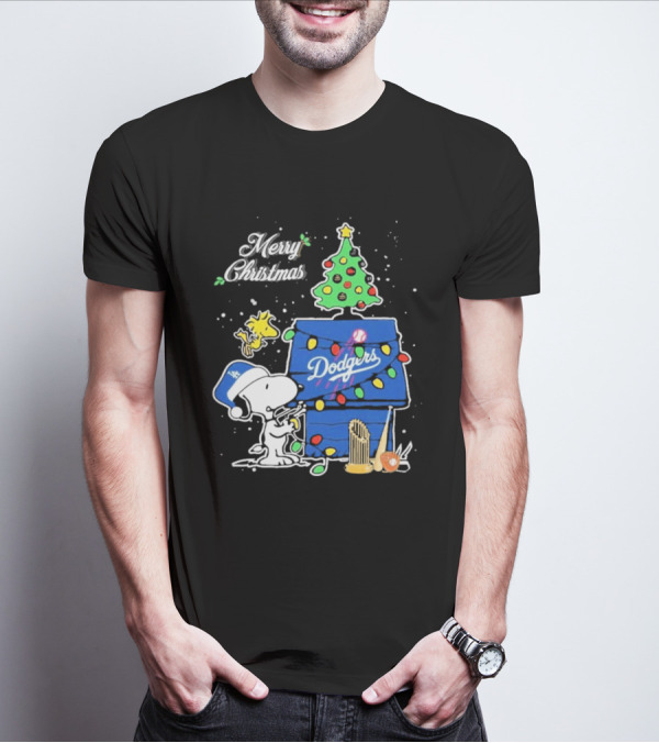 Merry Christmas Snoopy Los Angeles Dodgers Tree Lights Woodstock T-Shirt