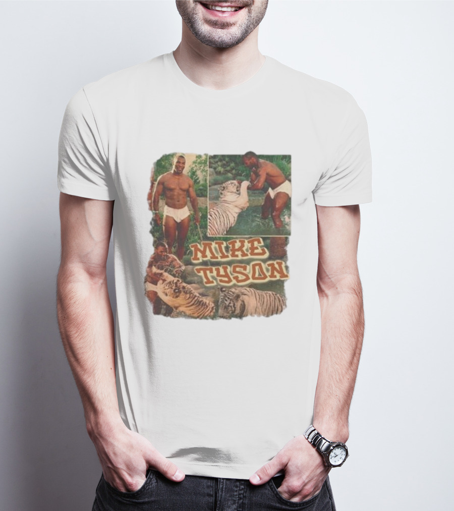 Mike Tyson With Tigers Vintage 90s Style Collage T-Shirt