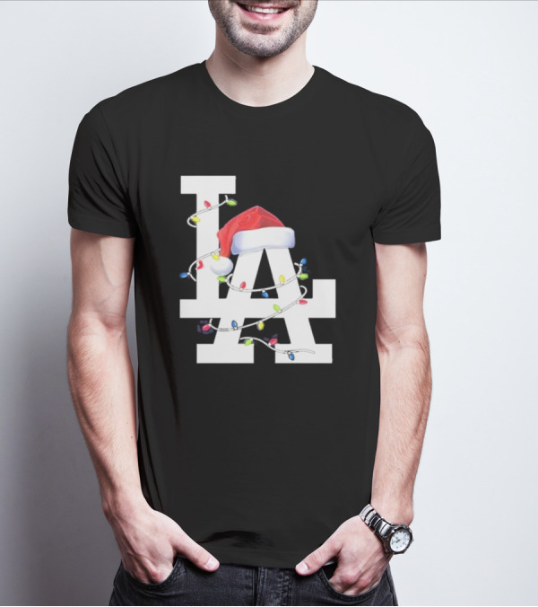 Los Angeles LA Merry Christmas Santa Hat Lights Holiday 2D T-Shirt