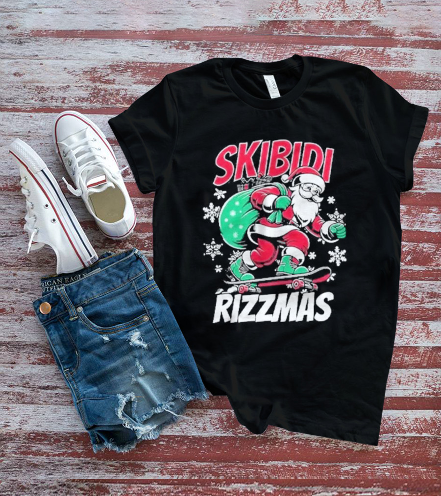 Skibidi Rizzmas Santa Claus Skateboarding Christmas T-Shirt