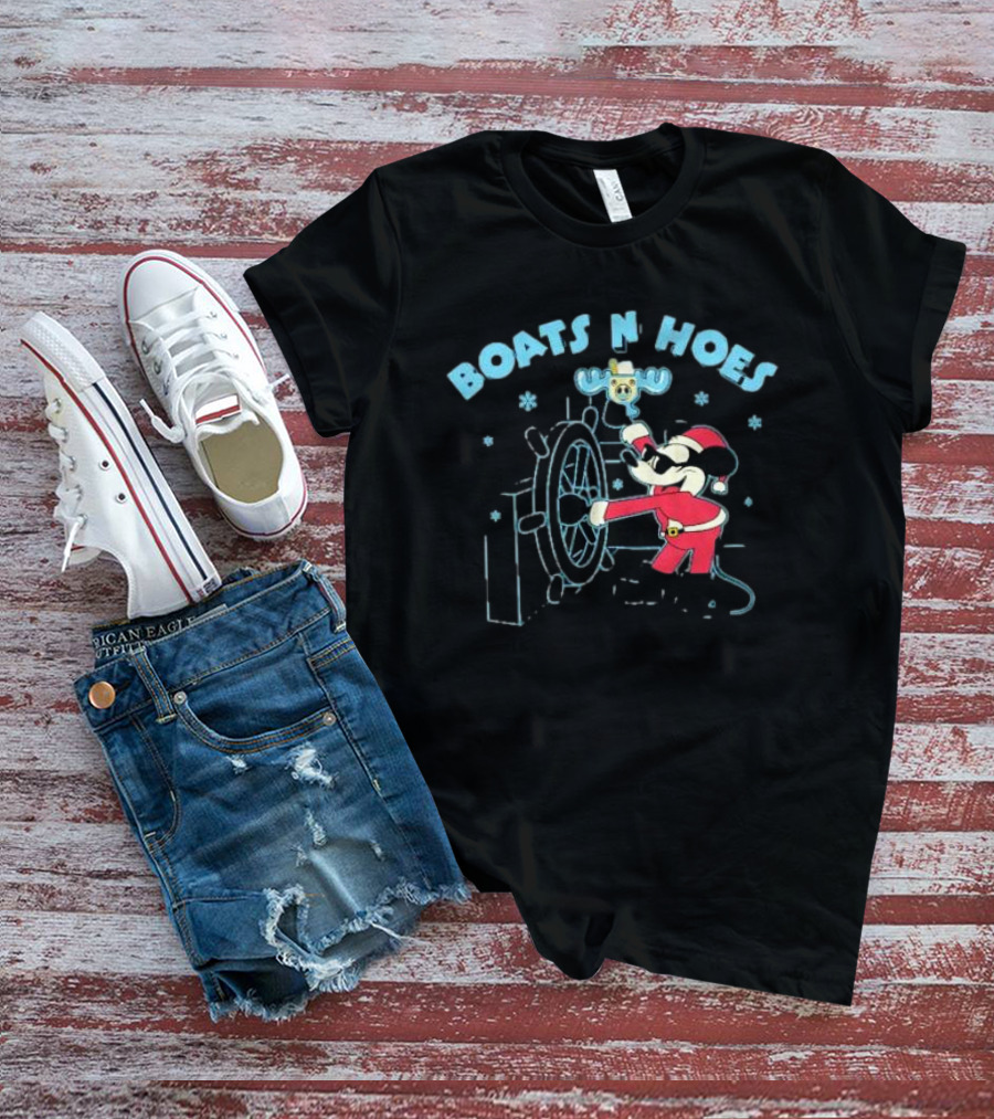 Boats N Hoes Christmas Mickey Mouse Steering Wheel Santa Suit Snowflakes T-Shirt