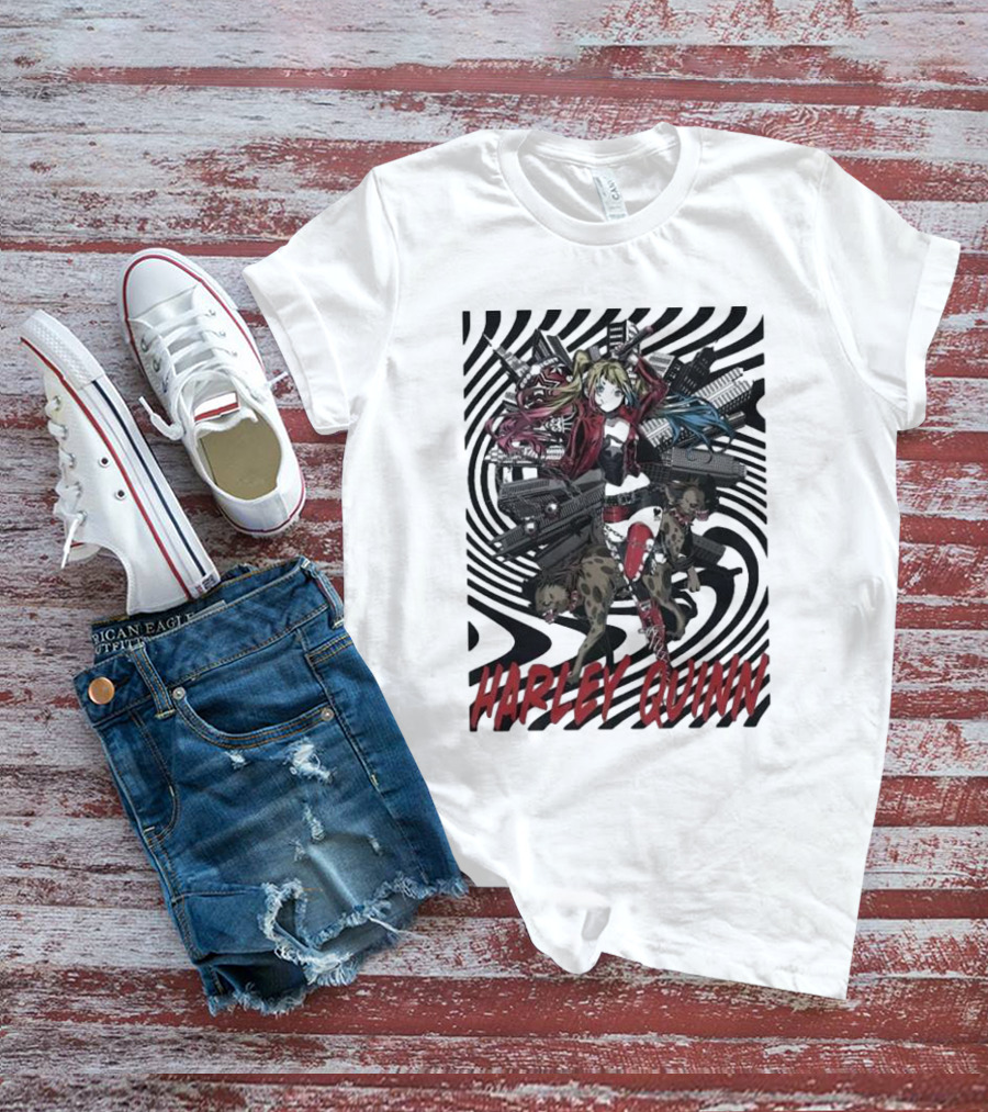 HARLEY QUINN Black And White Spiral With Hyenas T-Shirt