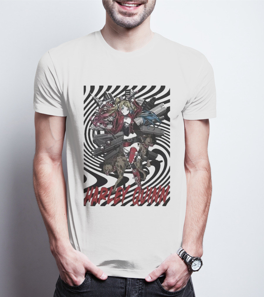 HARLEY QUINN Black And White Spiral With Hyenas T-Shirt
