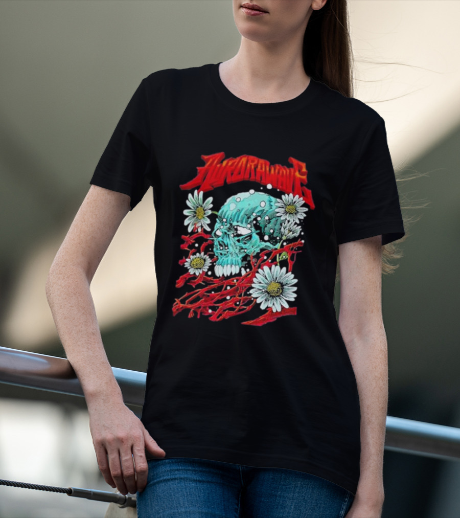 Aurorawave Blooming Skull With Daisies And Red Branches T-Shirt