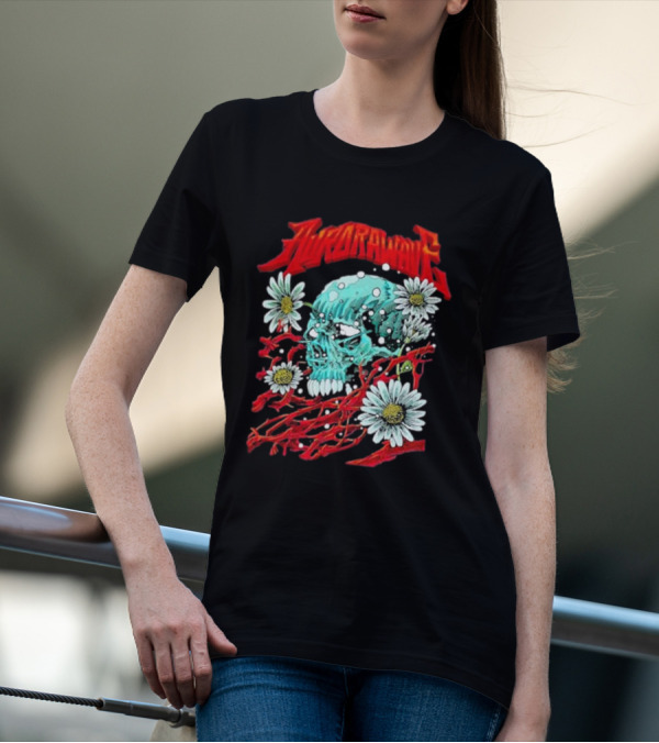 Aurorawave Blooming Skull With Daisies And Red Branches T-Shirt