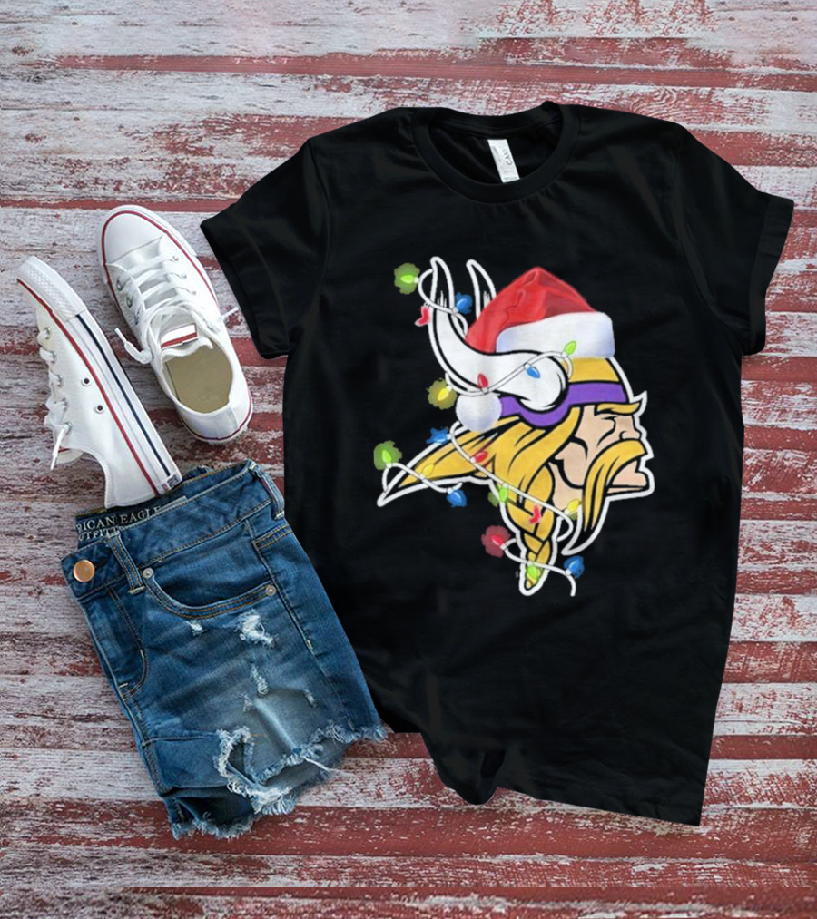 Minnesota Vikings Merry Christmas 2D Santa Hat Lights T-Shirt