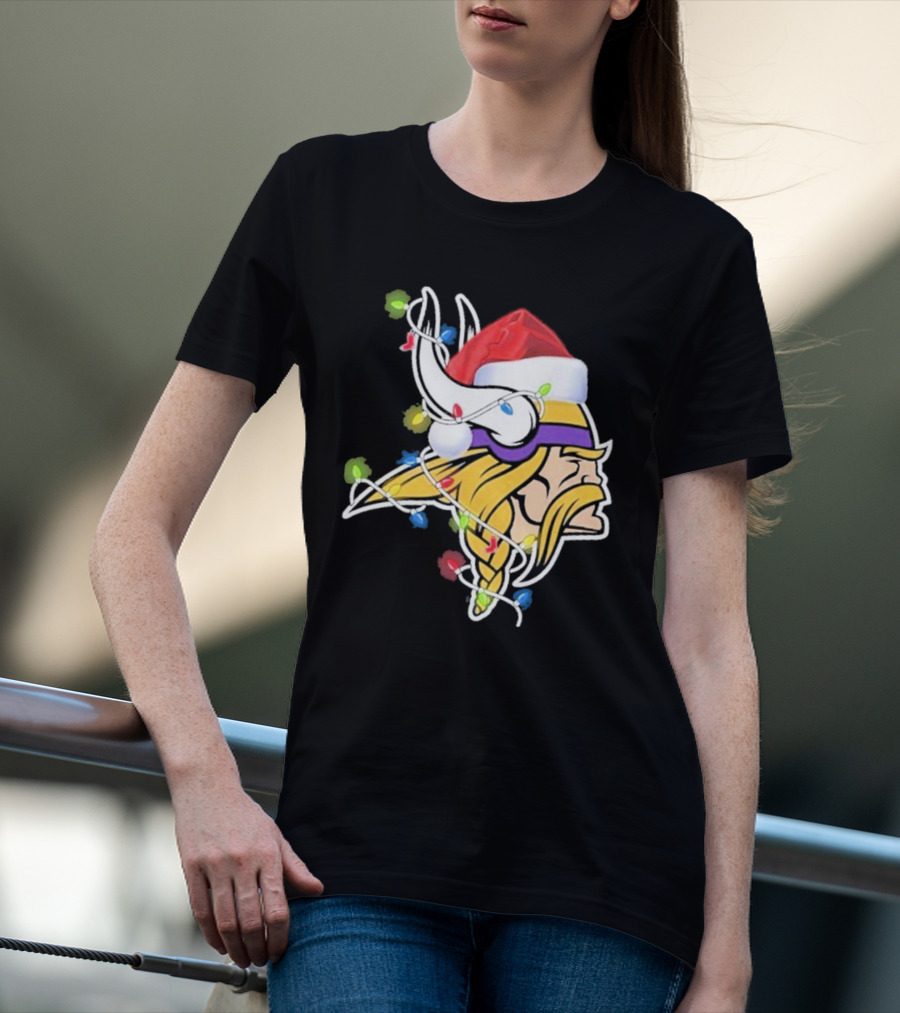 Minnesota Vikings Merry Christmas 2D Santa Hat Lights T-Shirt