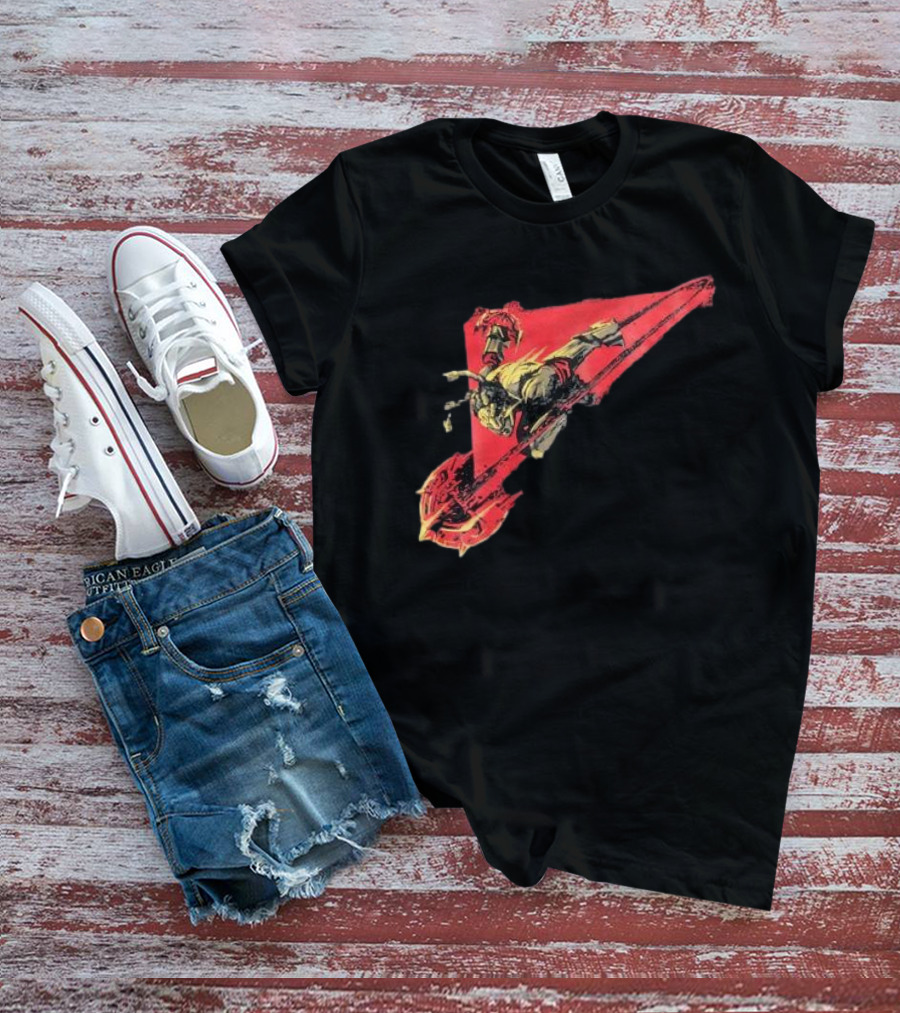 Arcane Ambessa Warrior Riding Battle Axe On Red Triangular Path T-Shirt