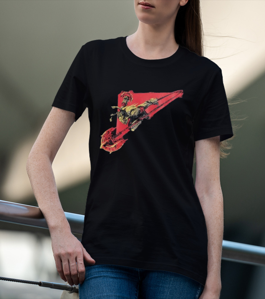 Arcane Ambessa Warrior Riding Battle Axe On Red Triangular Path T-Shirt