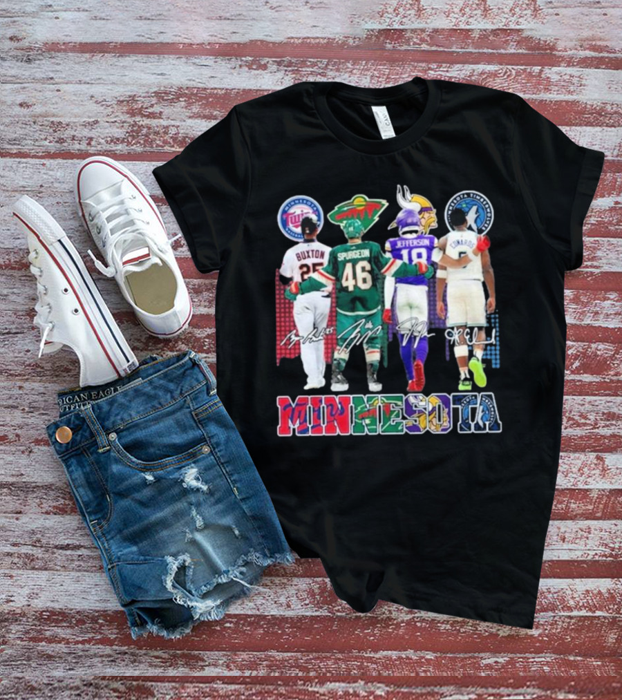Minnesota Twins Buxton Minnesota Wild Spurgeon Minnesota Vikings Jefferson Minnesota Timberwolves Edwards Signature T-Shirt