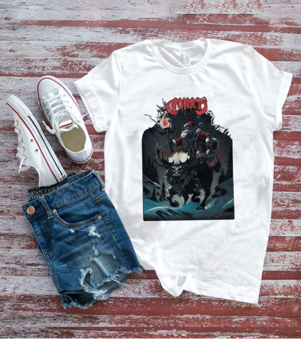 Conan Merry Chrushmas Santa Riding Mythical Beast Torch Dark Forest Scene T-Shirt