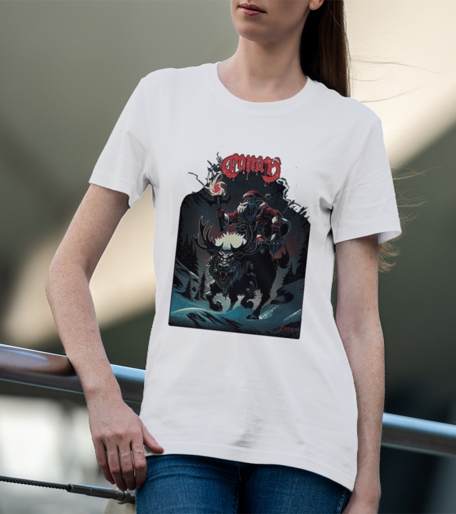 Conan Merry Chrushmas Santa Riding Mythical Beast Torch Dark Forest Scene T-Shirt