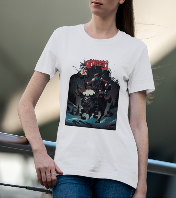 Conan Merry Chrushmas Santa Riding Mythical Beast Torch Dark Forest Scene T-Shirt