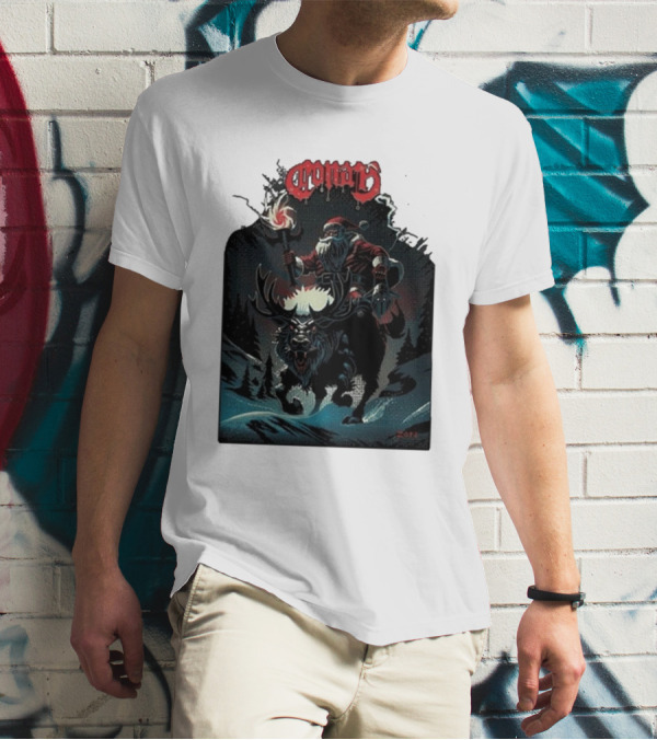 Conan Merry Chrushmas Santa Riding Mythical Beast Torch Dark Forest Scene T-Shirt