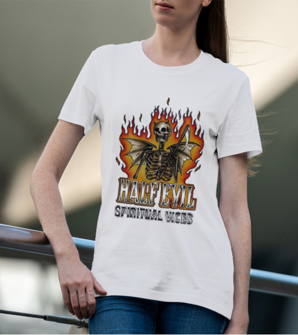 Half Evil Spiritual Vices Flaming Winged Skeleton T-Shirt