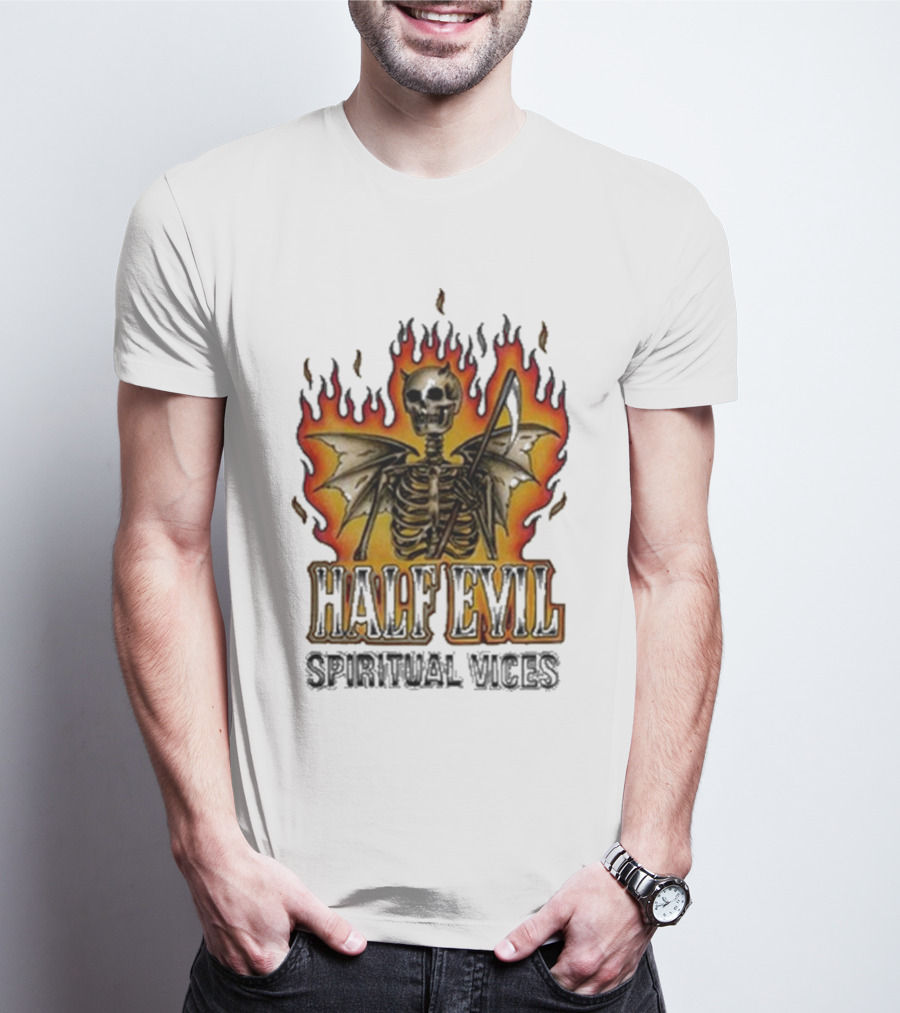 Half Evil Spiritual Vices Flaming Winged Skeleton T-Shirt