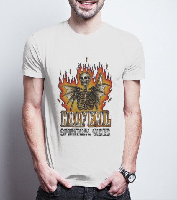 Half Evil Spiritual Vices Flaming Winged Skeleton T-Shirt