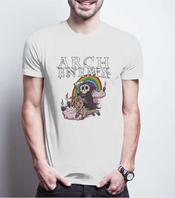 Arch Enemy Rainbow Reaper On Goat With Candles And Clouds T-Shirt