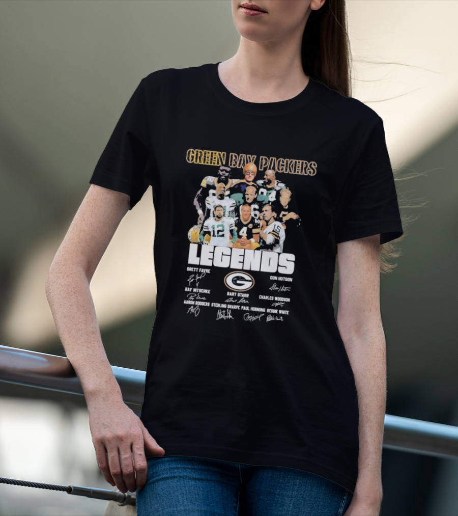 Green Bay Packers Legends Brett Favre Don Hutson Ray Nitschke Bart Starr Charles Woodson Aaron Rodgers Sterling Sharpe Paul Hornung Reggie White T-Shirt