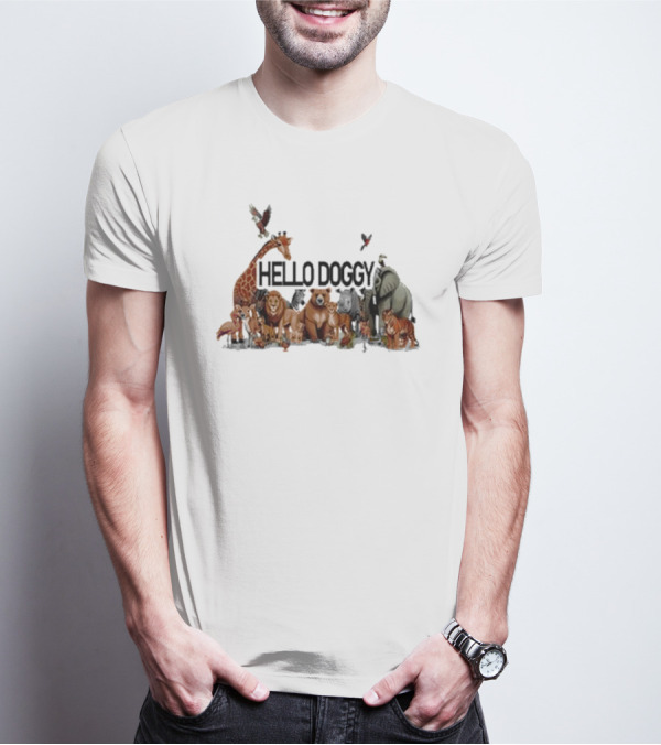 Hello Doggy Wildlife Animal Gathering With Giraffe Elephant Tiger And More T-Shirt