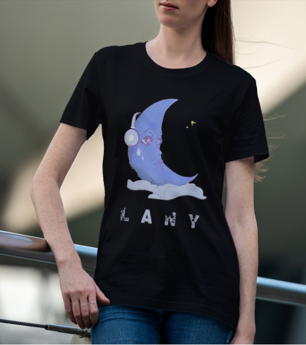 Lany Moon Crying Blue Crescent With Headphones And Clouds T-Shirt