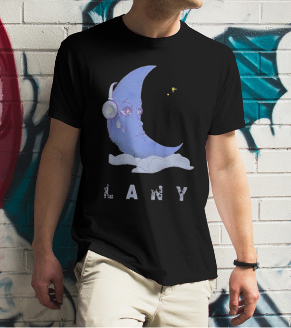 Lany Moon Crying Blue Crescent With Headphones And Clouds T-Shirt