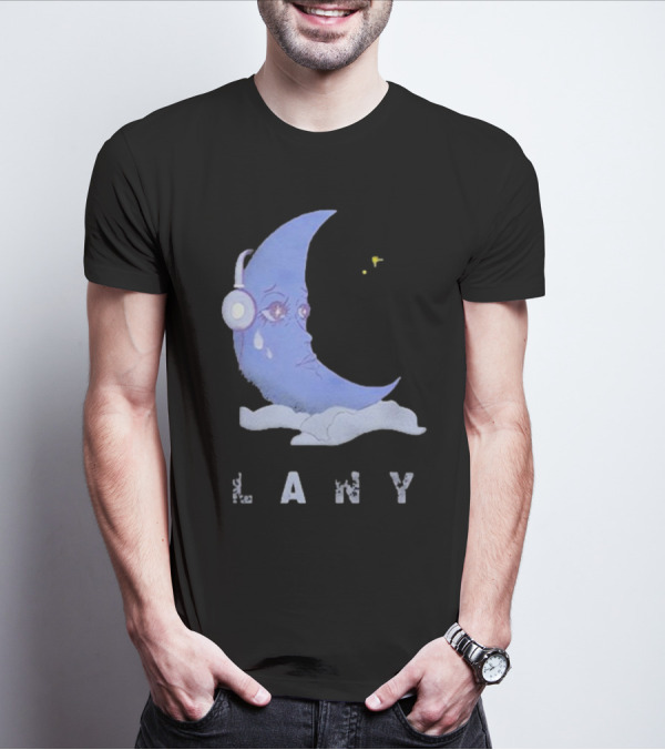 Lany Moon Crying Blue Crescent With Headphones And Clouds T-Shirt