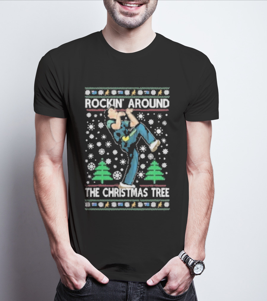 Rockin' Around The Christmas Tree Ugly Christmas Sweater With Dancing Figure And Snowflakes T-Shirt