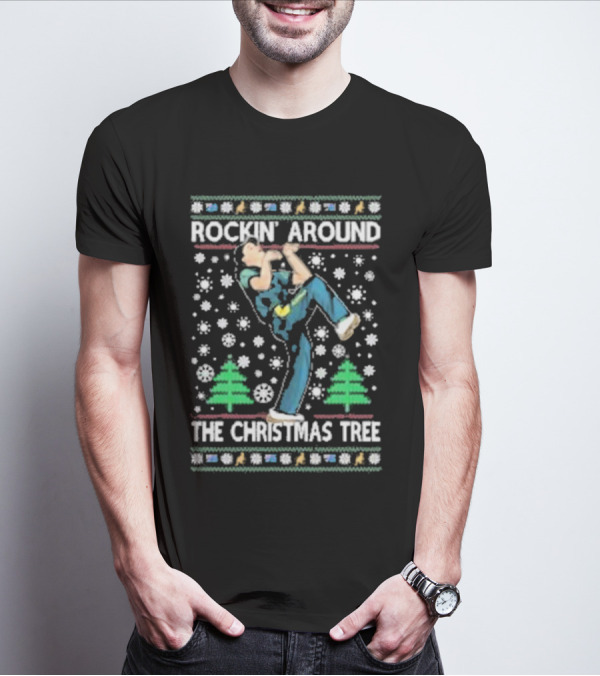 Rockin' Around The Christmas Tree Ugly Christmas Sweater With Dancing Figure And Snowflakes T-Shirt