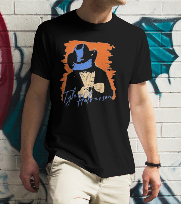 Tyler Halverson Cowboy Hat Blue Bandana Orange Background T-Shirt