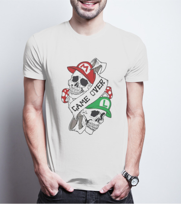 Game Over Skull M L Gaming Mushroom T-Shirt