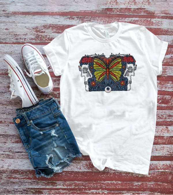 This Old Engine Two Worlds Skull And Butterfly Symmetry With Roses And Floral Elements T-Shirt