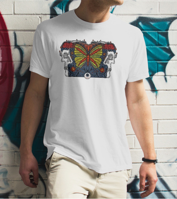 This Old Engine Two Worlds Skull And Butterfly Symmetry With Roses And Floral Elements T-Shirt