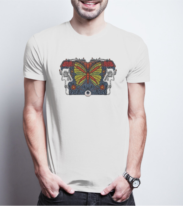 This Old Engine Two Worlds Skull And Butterfly Symmetry With Roses And Floral Elements T-Shirt